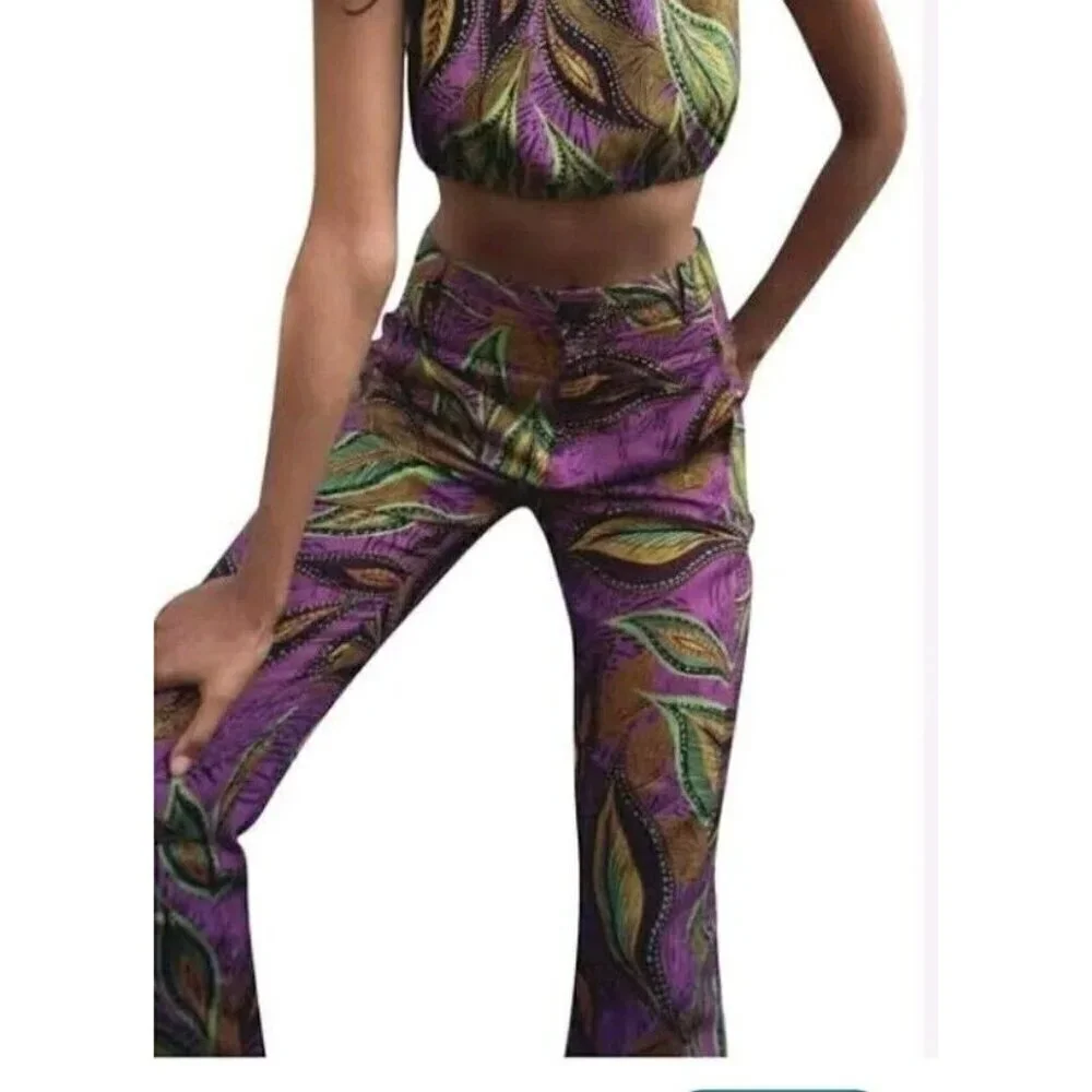 Zara Linen Blend Leaf Print Wide Leg Trouser Women's Size M 7852 604